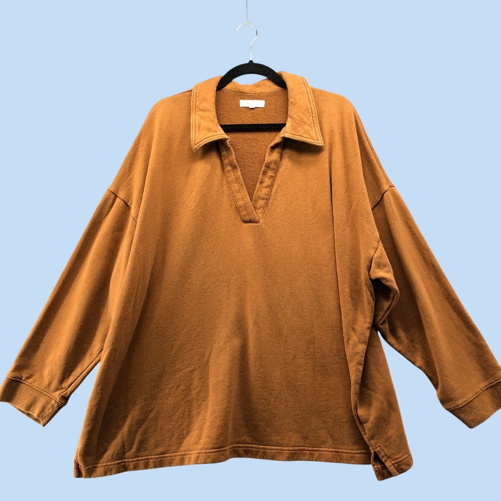 Madewell Cotton Hemp Oversized Polo Sweatshirt Womens 3X Tan Terracotta Brown